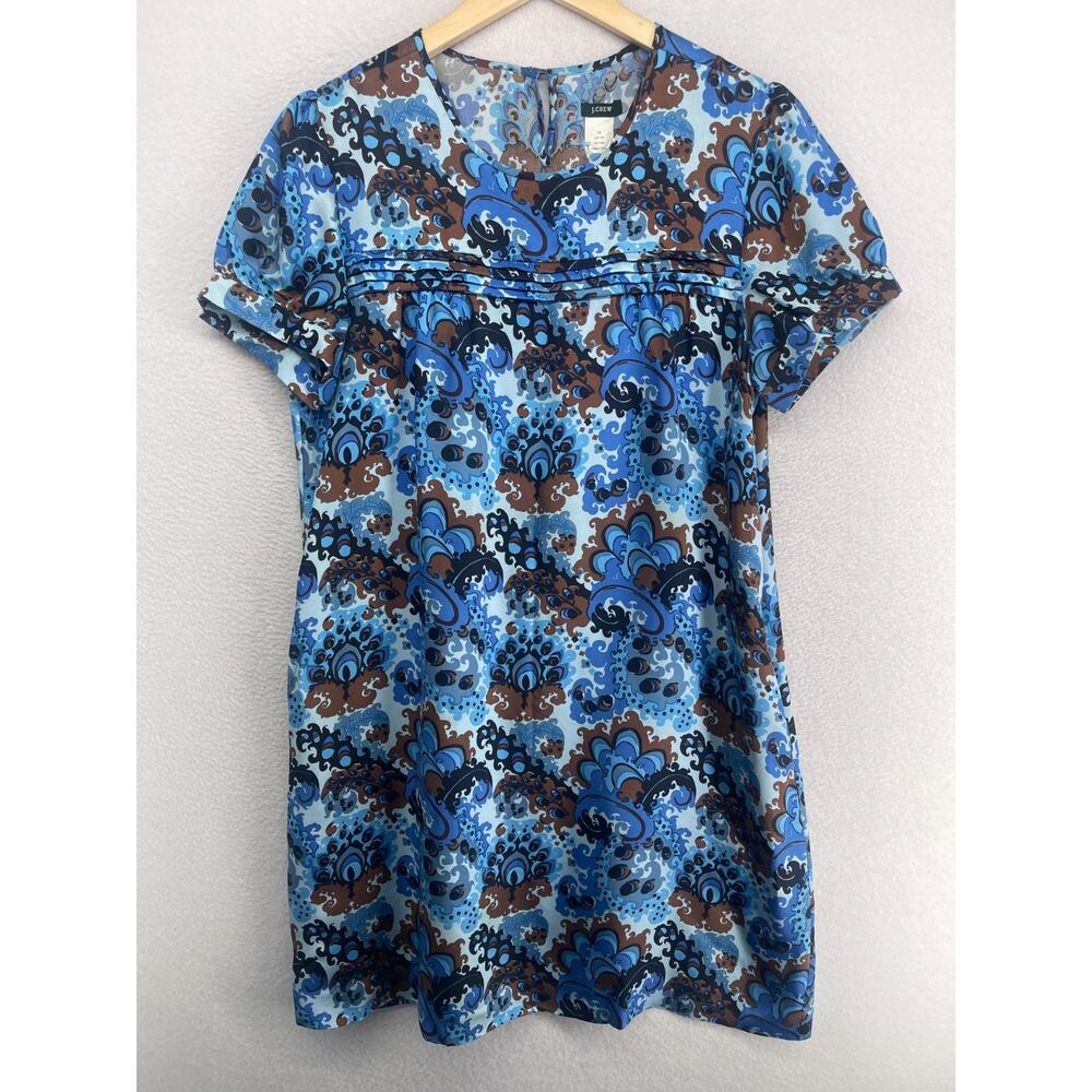 J.CREW Dress 12 Emma Silk Peacock Paisley Print Shift Mini Puff Sleeve Blue - Picture 1 of 12
